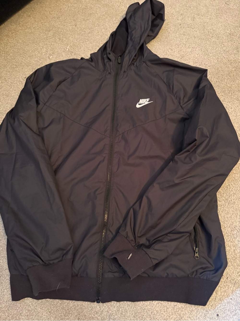 Nike Black Hooded Fleece lined Windbreaker with White Swoosh